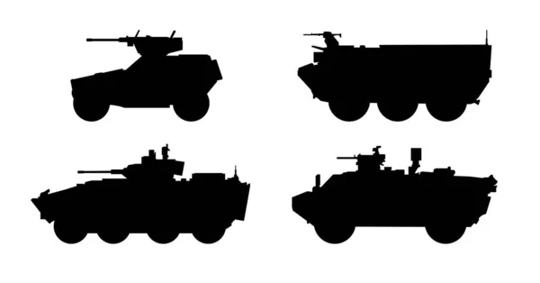 Set Infantry Combat Fighting Vehicle Silhouettes Black Military Battle Machine — Vettoriale Stock