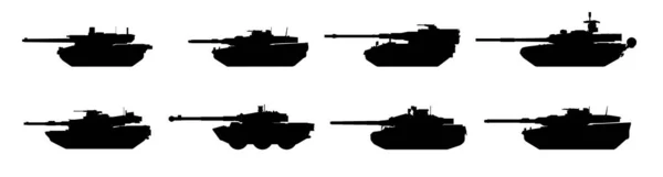 Набір Сучасних Танкових Силуетів Чорна Військова Машина Векторна Іконка Білому — стоковий вектор