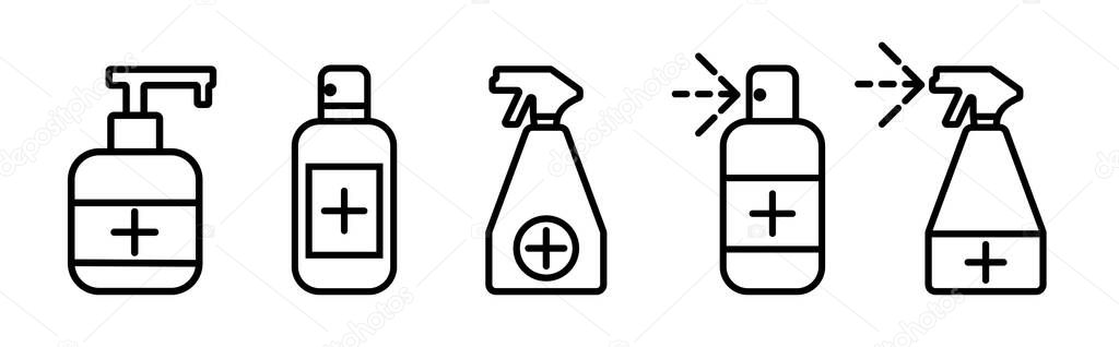 Set of antiseptic spray and soap bottle icons. Medic covid virus, hand protection, sanitizer for hygiene. Black vector illustration on white background.