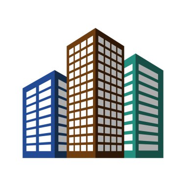 3 residential or business buildings, multicolored apartment houses with shadow and perspective, urban city architecture. Simple vector icon.