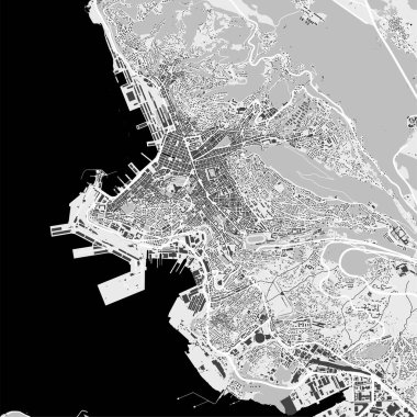 Urban city vector map of Trieste. Vector illustration, Trieste map grayscale black and white art poster. Street map image with roads, metropolitan city area view.