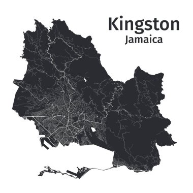 Kingston vektör haritası. Kingston şehrinin idari alanının detaylı vektör haritası. Şehir Posteri Arya Manzarası. Beyaz sokakları, yolları ve caddeleri olan siyah topraklar. Beyaz arkaplan.