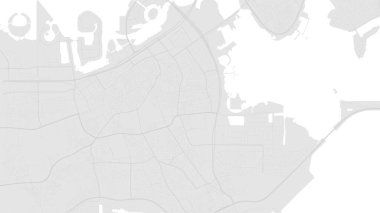 White and light grey Manama city area vector background map, roads and water illustration. Widescreen proportion, digital flat design roadmap.