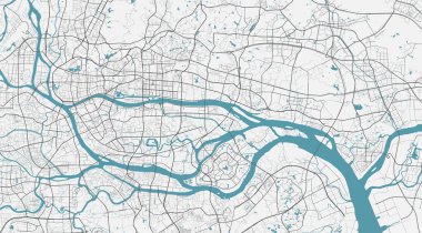Guangzhou vektör haritası. Guangzhou şehir yönetim bölgesinin detaylı haritası. Şehir manzarası manzarası. Kraliyetten bağımsız vektör çizimi. Karayolları ve nehirlerle yol haritası.