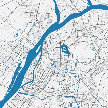 Nanjing vektör haritası. Nanjing şehri yönetim bölgesinin detaylı haritası. Şehir manzarası manzarası. Kraliyetten bağımsız vektör çizimi. Karayolları ve nehirlerle yol haritası.