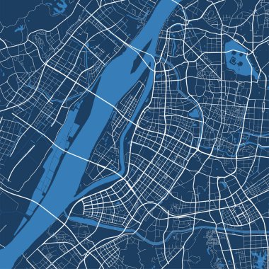 Nanjing şehrinin idari alanının detaylı vektör haritası. Mavi gökyüzü manzarası. Nanjing bölgesinin dekoratif grafik turist haritası. Telif hakkı serbest vektör illüstrasyonu.