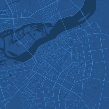 Harbin şehrinin idari alanının ayrıntılı vektör haritası. Mavi gökyüzü manzarası. Harbin bölgesinin dekoratif grafik turist haritası. Telif hakkı serbest vektör illüstrasyonu.