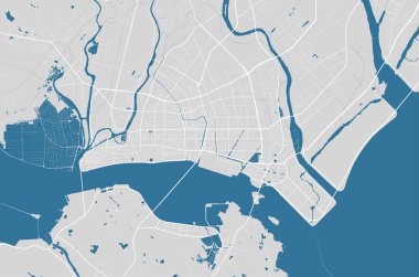 Shantou haritası. Shantou şehir yönetim bölgesinin detaylı haritası. Şehir manzarası manzarası. Kraliyetten bağımsız vektör çizimi. Karayolları ve nehirlerle yol haritası.