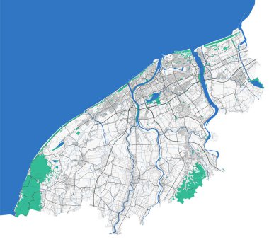 Niigata haritası. Niigata şehir yönetim bölgesinin detaylı haritası. Şehir manzarası manzarası. Kraliyetten bağımsız vektör çizimi. Karayolları ve nehirlerle yol haritası.