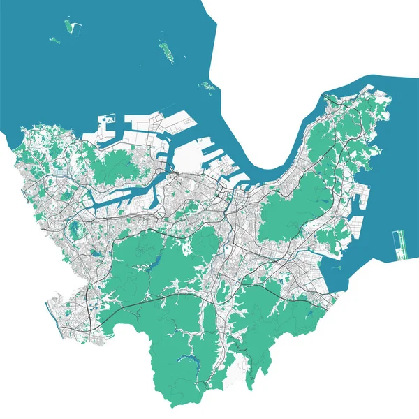 Kitakyushu haritası. Kitakyushu şehir yönetim bölgesinin detaylı haritası. Şehir manzarası manzarası. Kraliyetten bağımsız vektör çizimi. Karayolları ve nehirlerle yol haritası.