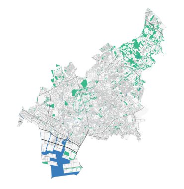 Funabashi haritası. Funabashi şehir yönetim bölgesinin detaylı haritası. Şehir manzarası manzarası. Kraliyetten bağımsız vektör çizimi. Karayolları ve nehirlerle yol haritası.