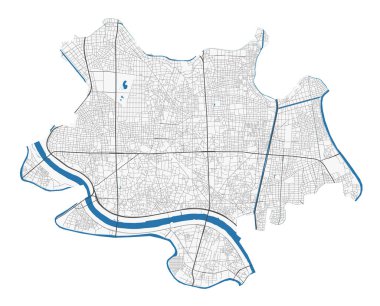 Adachi haritası. Adachi şehir yönetim bölgesinin detaylı haritası. Şehir manzarası manzarası. Kraliyetten bağımsız vektör çizimi. Karayolları ve nehirlerle yol haritası.