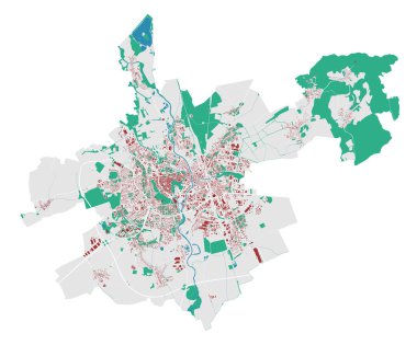 Brno vektör haritası. Brno şehrinin idari alanının detaylı haritası. Şehir manzarası manzarası. Kraliyetten bağımsız vektör çizimi. Binalar, su ve ormanlarla dolu bir harita. Turist dekoratif yol haritası.