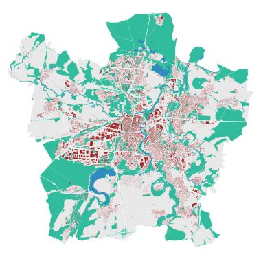 Plzen vektör haritası. Plzen şehri yönetim bölgesinin detaylı haritası. Şehir manzarası manzarası. Kraliyetten bağımsız vektör çizimi. Binalar, su ve ormanlarla dolu bir harita. Turist dekoratif yol haritası.