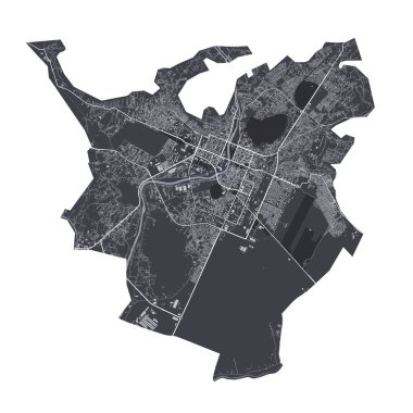 Podgorica vektör haritası. Podgorica şehir idari bölgesinin ayrıntılı vektör haritası. Şehir Posteri Arya Manzarası. Beyaz yolları ve caddeleri olan siyah topraklar. Beyaz arkaplan.