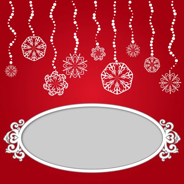 Červené vánoční pozadí s sněhové vločky a prázdný rám — Stockový vektor