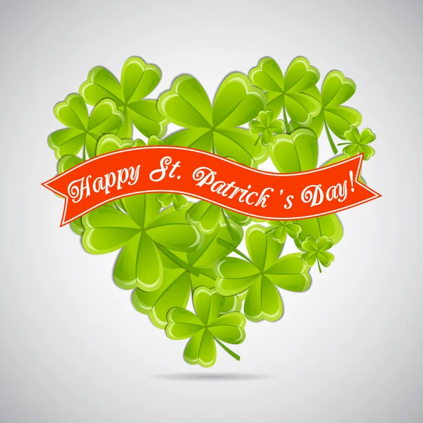 Greeting card with heart of clovers and ribbon — Stockvector