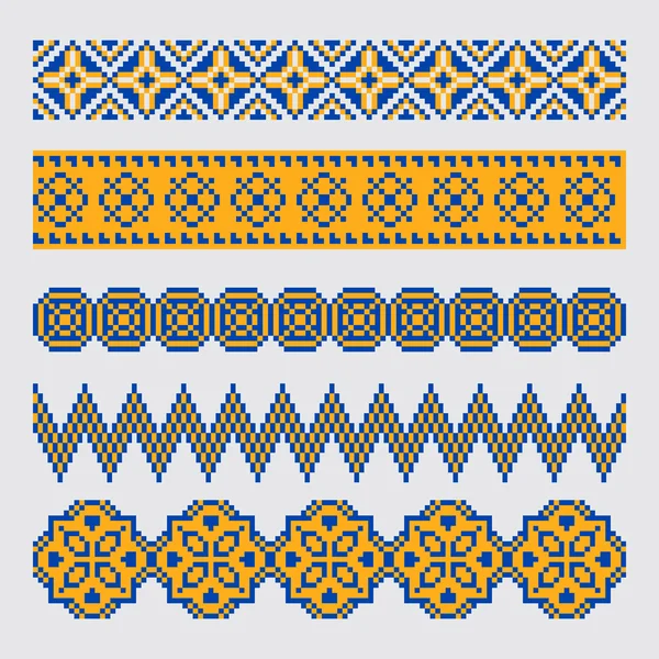 Set van pixel etnische naadloze grens ornament — Stockvector