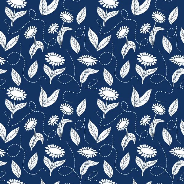 Traditionele blauwe naadloze zonnebloemen patroon — Stockvector
