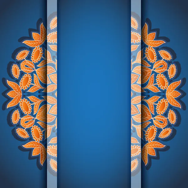 Ronde bloemen oranje blauw uitnodigingskaart — Stockvector