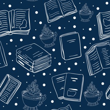Blue seamless pattern with books and cups clipart