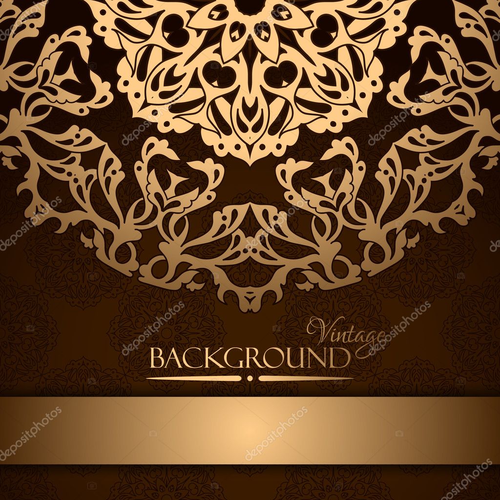 Invitation with gold lace floral ornament on brown background