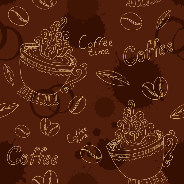 Seamless pattern with cup coffee beans and blots