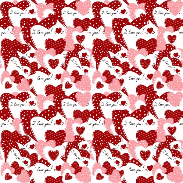 Vzor Krásné Jemné Červené Růžové Srdíčka Vzory Podpis Miluji Vás — Stock fotografie