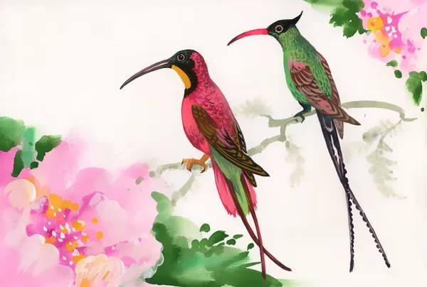 Watercolor painting of birds sitting on a branch — Stock Photo, Image