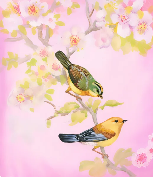 Drawing of beautiful bright birds on branch — Stock Photo, Image