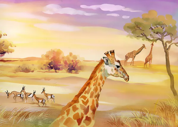 Illustration of animals in savannah — Stock Photo, Image