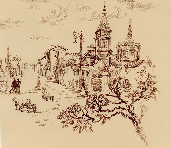 Szkic starego citylife i Kościół — Zdjęcie stockowe