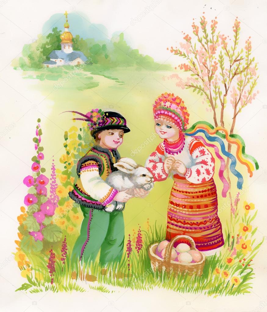 Boy and girl with rabbit