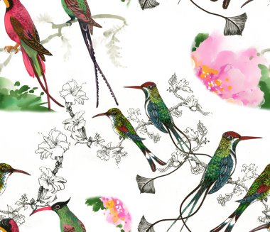 Kuşlar ve çiçekler pürüzsüz desen