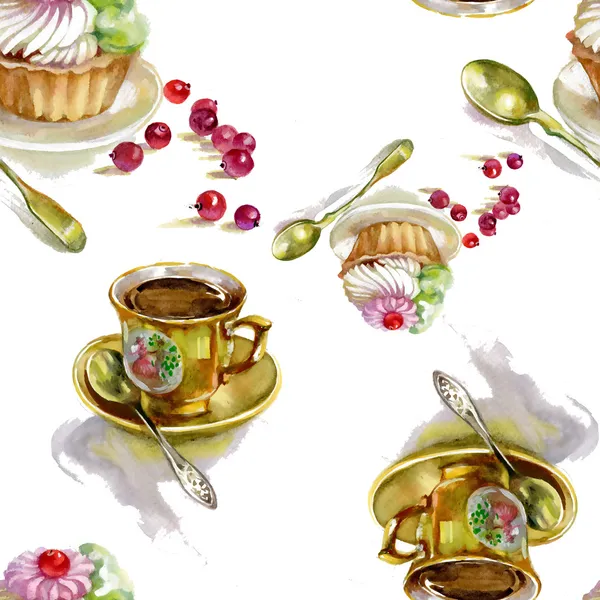 Seamless pattern with cupcakes and cups of tea — Stock Photo, Image