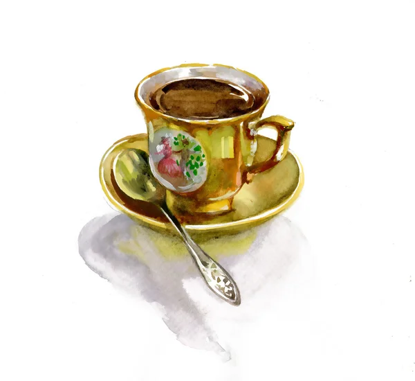 Aquarelle dessinée tasse de thé et soucoupe — Photo