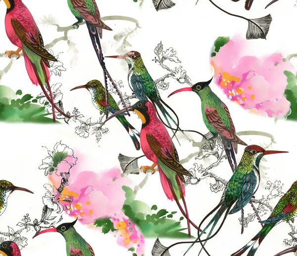 Ptáci a květiny hladký vzor — Stock fotografie