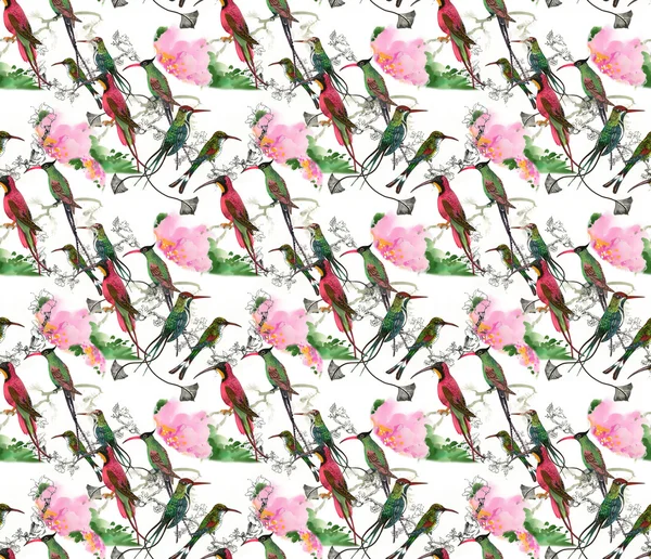 Vogels en bloemen naadloze patroon — Stockfoto