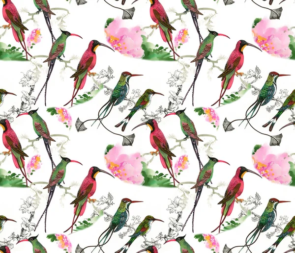 Aves y flores patrón sin costura — Foto de Stock