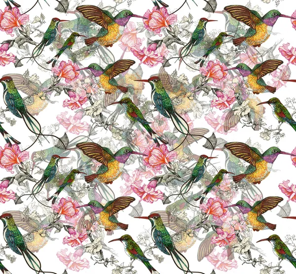 Uccelli e fiori modello senza soluzione di continuità — Foto Stock