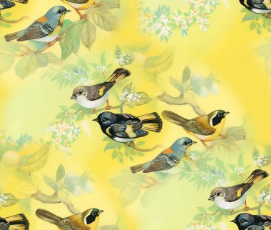 Kuşlar ve çiçekler pürüzsüz desen