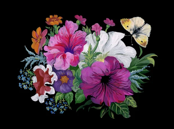 Μπουκέτο με λουλούδια ακουαρέλα και πεταλούδα — Φωτογραφία Αρχείου