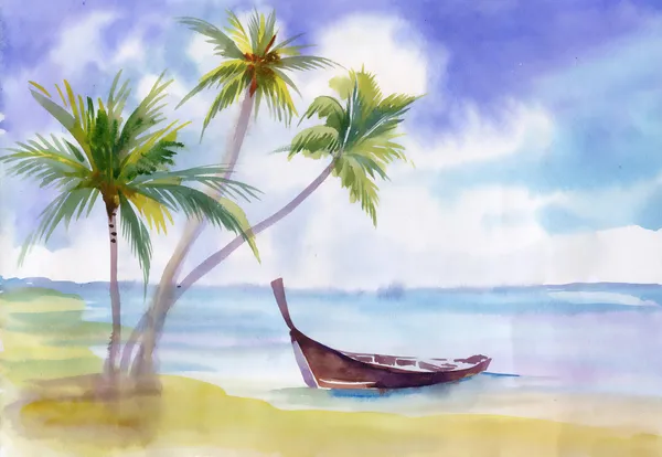 Båd på stranden og palmer - Stock-foto