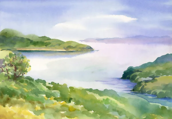 水彩川自然風景 — ストック写真