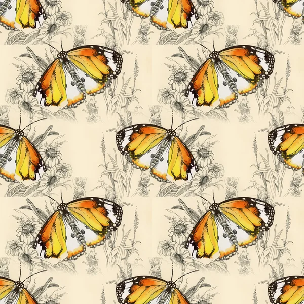 Butterflies picture pattern with flowers — Stock Photo, Image