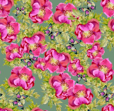 Peonies kelebekler ile