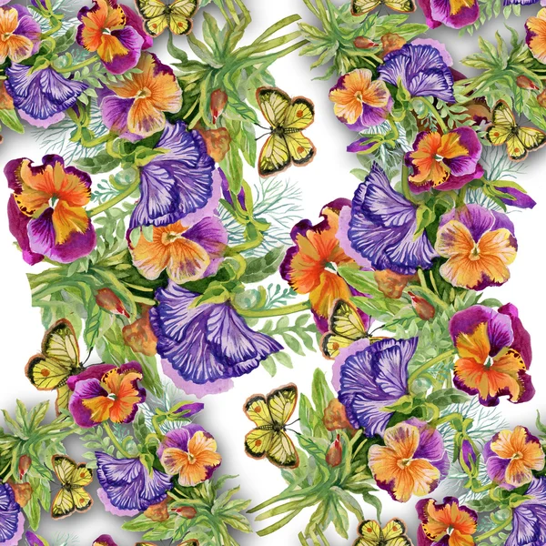 Pansies with butterflies — Stock Photo, Image