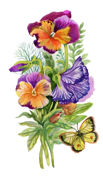 三色紫罗兰与蝴蝶 — 图库照片
