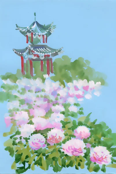 Japonský hrad s květinami — Stock fotografie