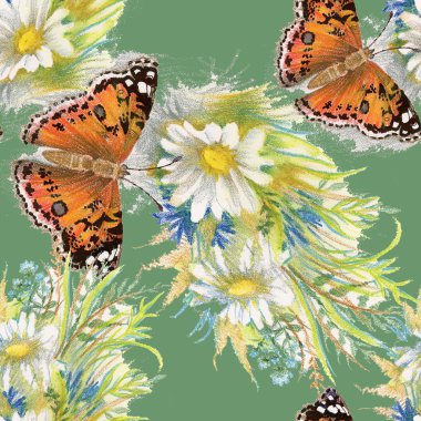 Kelebekler ve çiçeklerle kusursuz desen